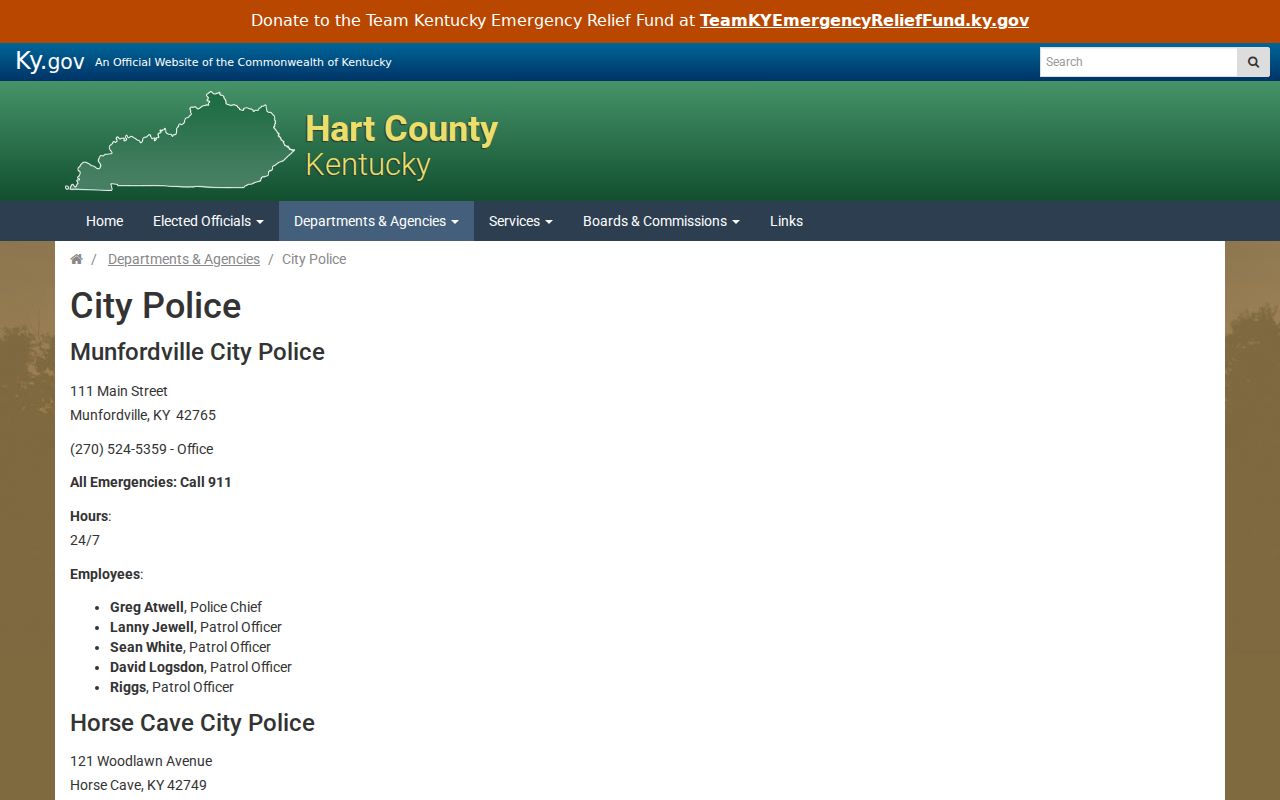 Horse Cave criminal records contact in the Hart County city police directory